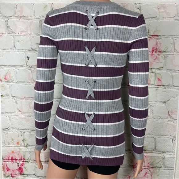 Hippie Rose Purple/ Gray/White Long Sleeve Striped top Medium back lace - Picture 2 of 6